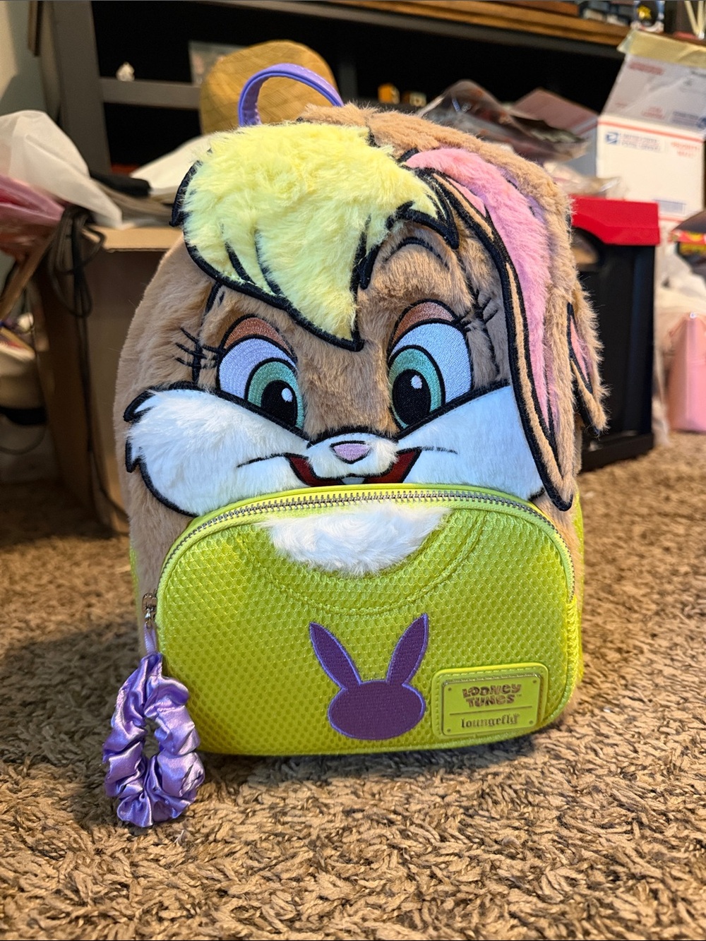 Loungefly Yellow Green Bunny Plush Mini Backpack with Purple Accent